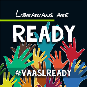 raised hands on a field of navy with the text 'Librarians are READY"